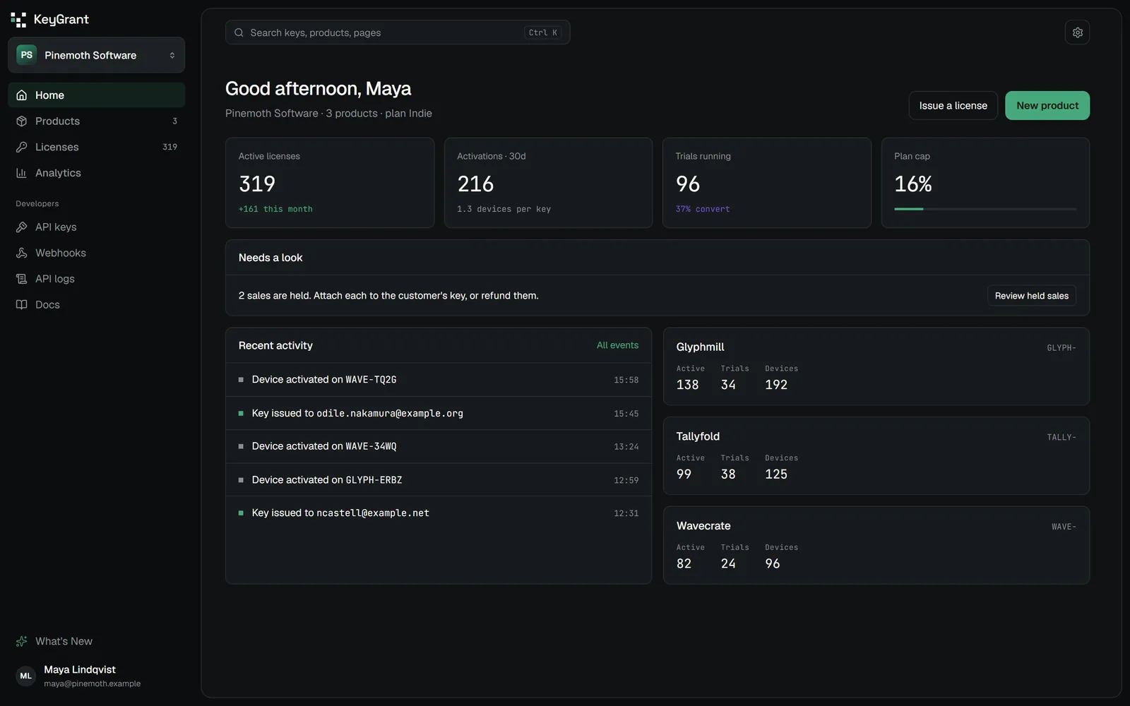 The KeyGrant dashboard home for a demo company: tiles for active licenses, activations in the last 30 days, trials running with their conversion rate, and plan use, a line saying two sales are held for review, recent activity, and a card for each of three products.