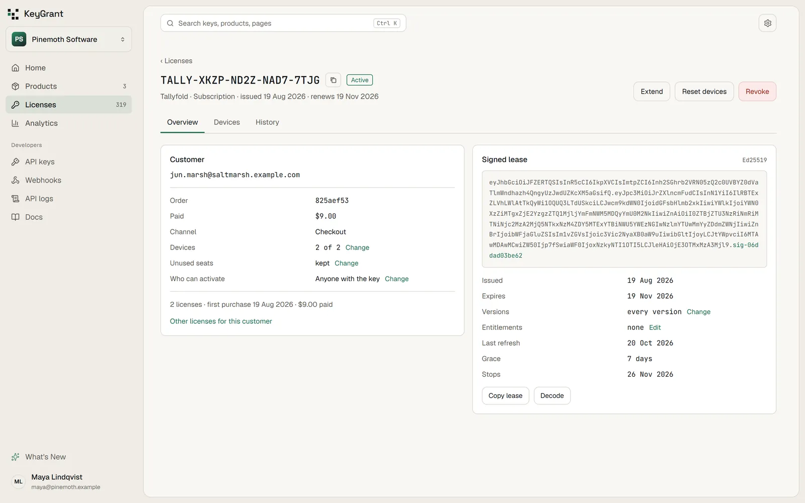 A monthly subscription key's page: the customer, the order, the amount paid and two of two devices in use, beside its signed Ed25519 lease with the dates it was issued, expires, last refreshed and stops after grace.