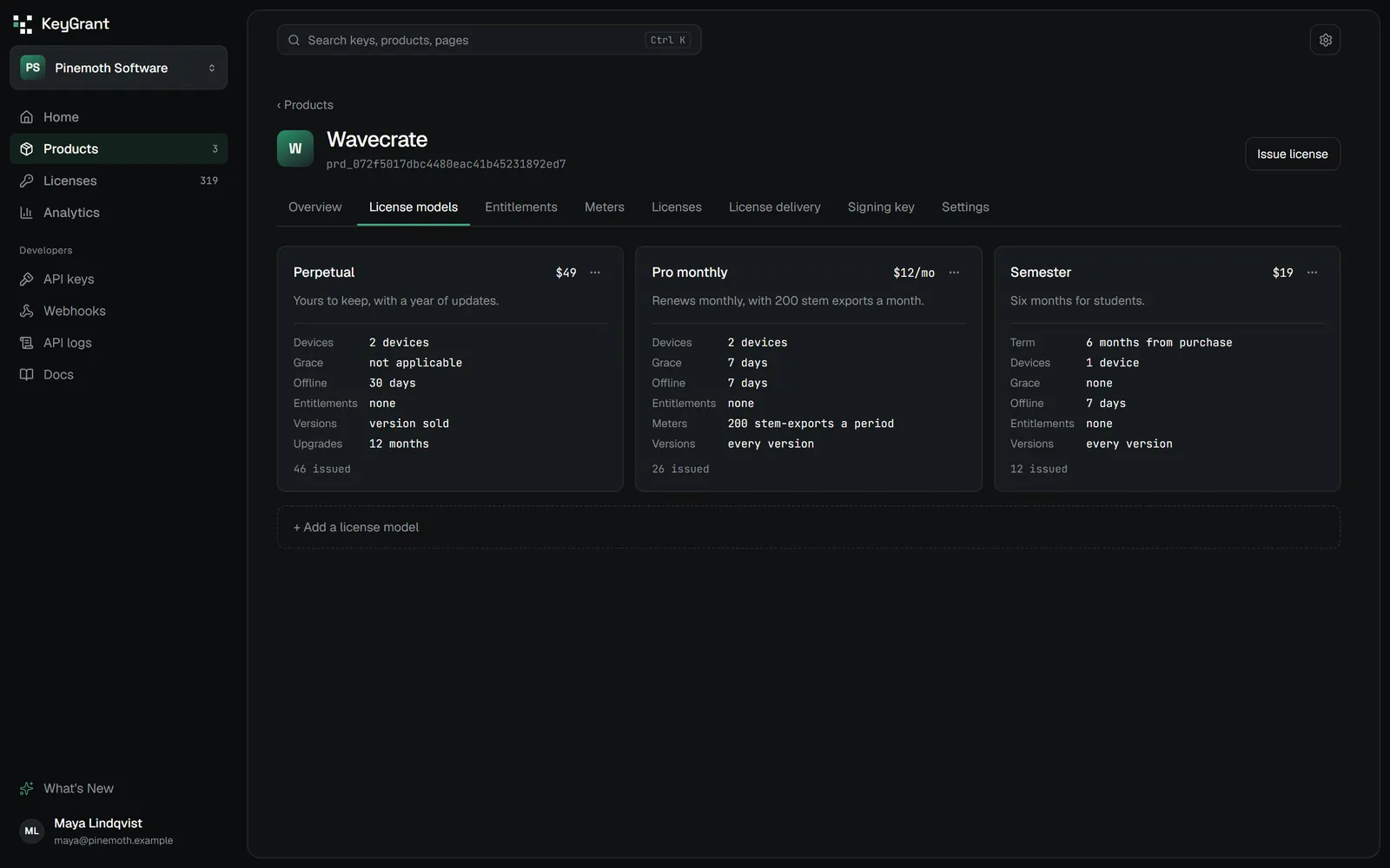 A product's license models: a perpetual license with a year of updates, a monthly subscription with 200 metered stem exports a period, and a six month license for students, each with its price, devices, grace and offline days.