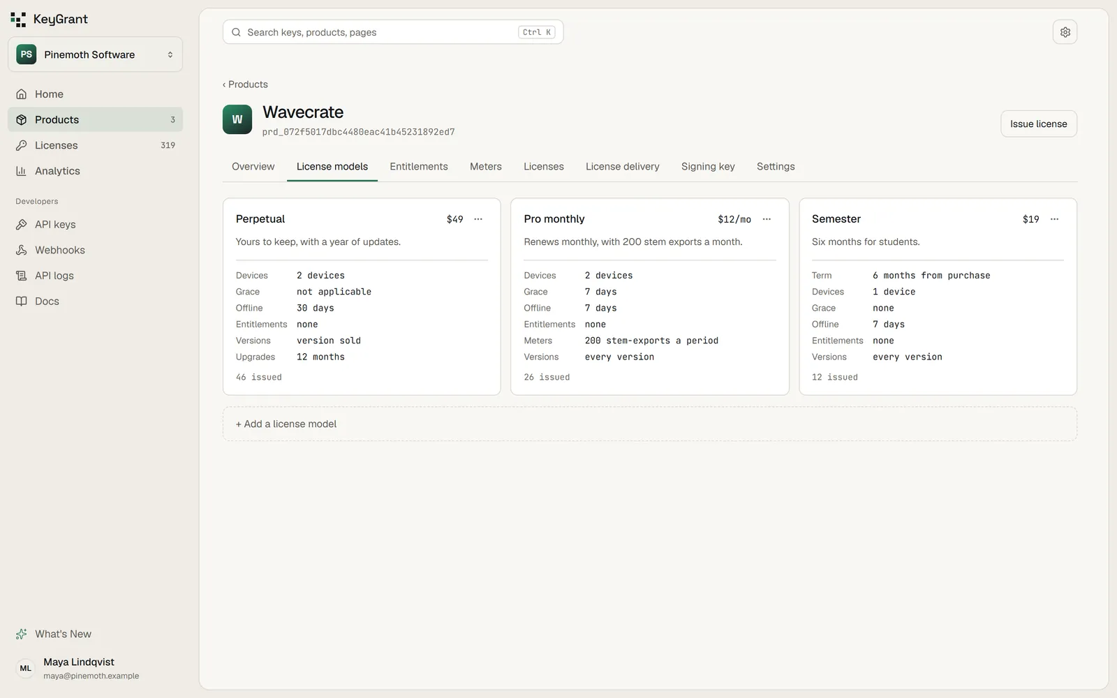 A product's license models: a perpetual license with a year of updates, a monthly subscription with 200 metered stem exports a period, and a six month license for students, each with its price, devices, grace and offline days.